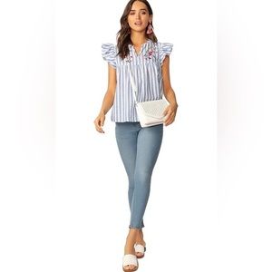 Floerns Womens Floral Embroidered V Neck Ruffle Sleeve Peplum Blouse Top, Size M